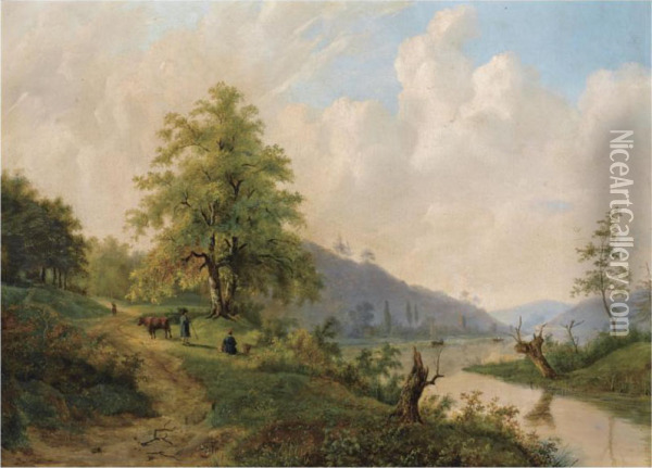Figures In A River Landscape Oil Painting - Willem Bodemann