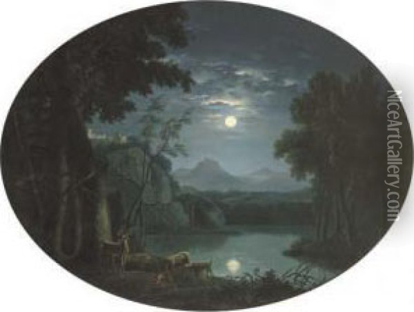 A Moonlit Landscape With Deer By A Lake, A Hilltop Castlebeyond Oil Painting - Carlo Labruzzi