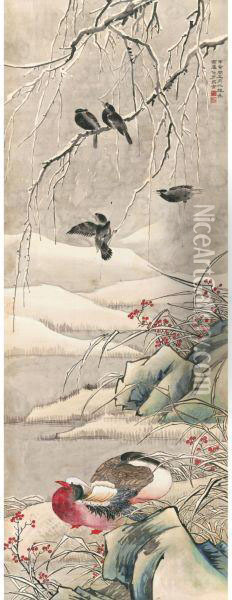 Birds In Snowy Scenery Oil Painting - Jin Cheng