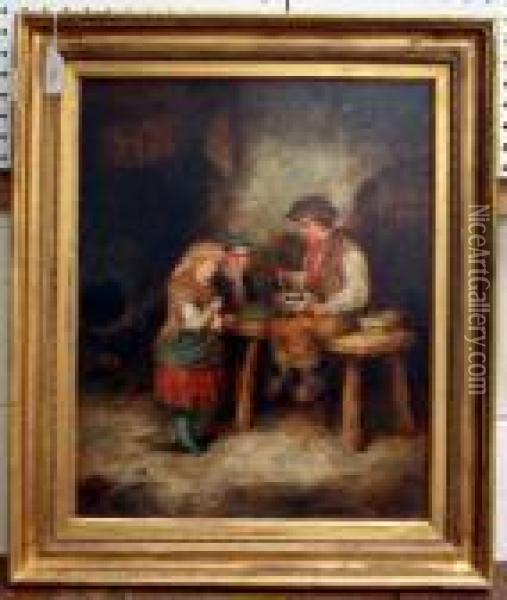 Boy Feeding Chicks In A Nest Beside Two Other Children Oil Painting - Mark W. Langlois