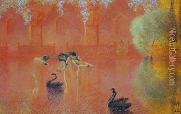 Swan Lake Oil Painting - Lucien Levy-Dhurmer