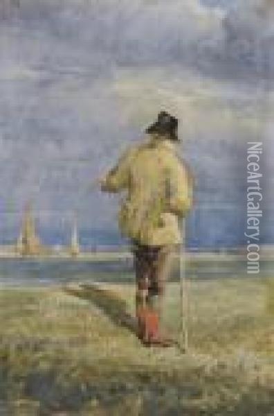 A Farmer Near The Banks Of An Estuary Oil Painting - David I Cox