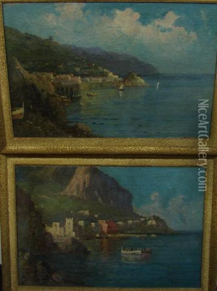 Italian Coastal Scenes With Fisherman In Boats With Buildings Oil Painting - Ambrogio Colombo
