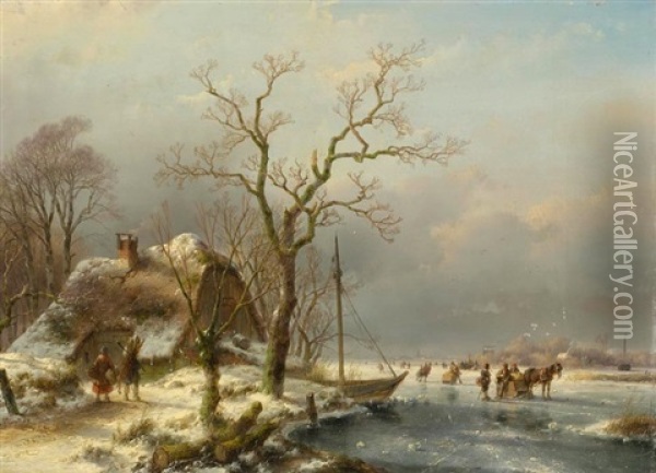 Winterliche Seelandschaft Mit Reisigsammlern Oil Painting - Andreas Schelfhout