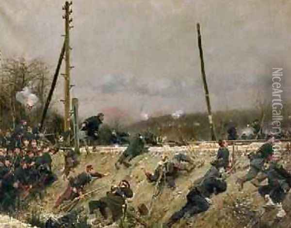 Fighting on the Tracks 1874 Oil Painting - Alphonse Marie de Neuville