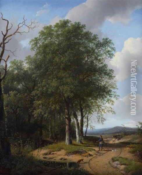 Hunters In A Wooded Landscape Oil Painting - Andreas Schelfhout