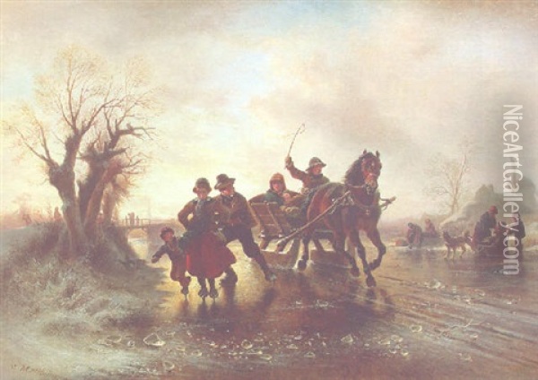A Frozen Waterway With Skaters And A Horse-drawn Sledge Oil Painting - Wilhelm Alexander Meyerheim