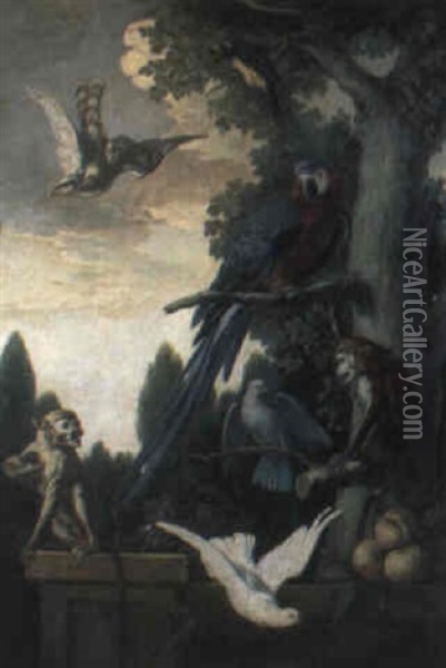 A Macaw, Doves And Monkies In A Classical Landscape Oil Painting - Jean-Baptiste Oudry