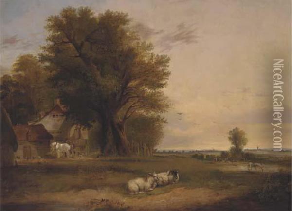 Sheep And Cattle In A Summer Landscape Oil Painting - Edward Charles Williams