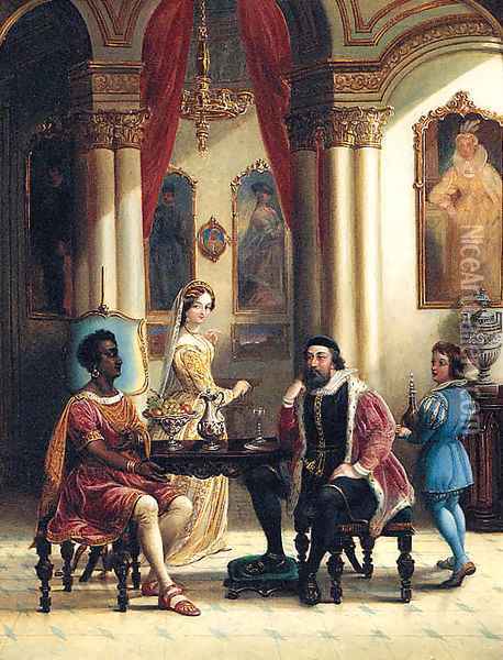 Merchants seated in a classical Interior Oil Painting - English School