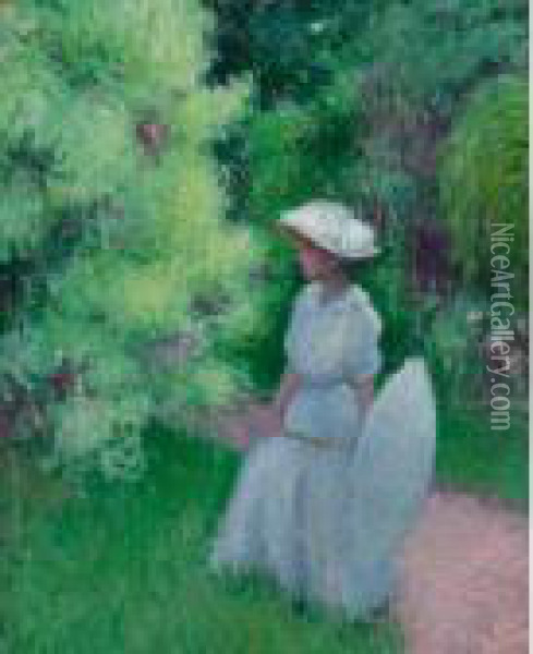 Girl With Umbrella In The Garden, Giverny Oil Painting - Edmund William Greacen