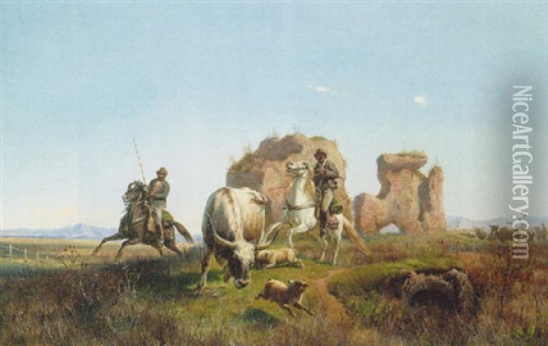 Chasing The Bull Oil Painting - Simon Simonsen