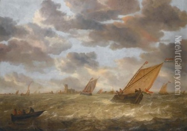 Dutch Shipping In A Stiff Breeze With A View Of Dordrecht Beyond Oil Painting - Abraham van Beyeren