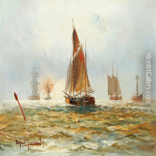 Ships At Sea By A Lightship Oil Painting - Alfred Jensen