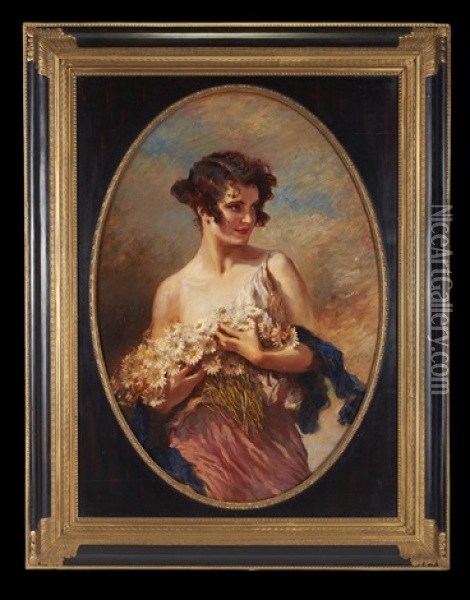 Young Woman With Daisies Oil Painting - Leopold Schmutzler