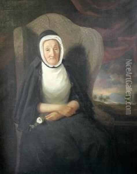 Three-quarter Length Portrait Of
 Marion Robertson Russell, Seated, Holding A White Rose, Landscape 
Behind Oil Painting - Henry Martens