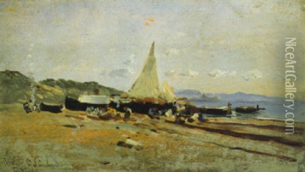 Sulla Spiaggia A Sferracavallo Oil Painting - Francesco (Luigi) Lojacono