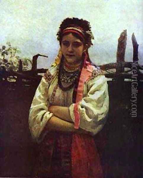 Ukranian Girl By A Fence 1876 Oil Painting - Ilya Efimovich Efimovich Repin