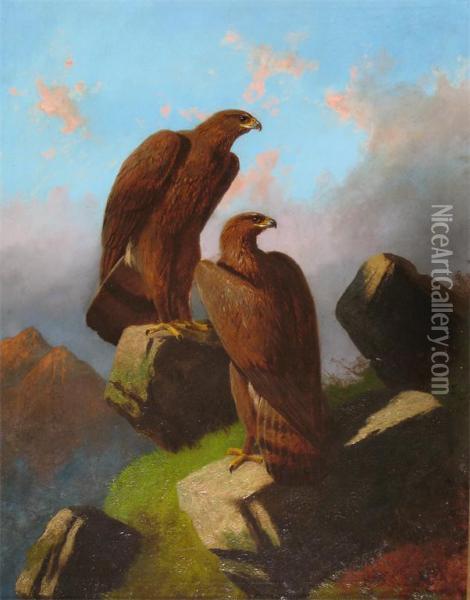Eagles On A Mountain Top In The Highlands Oil Painting - Robert Henry Roe