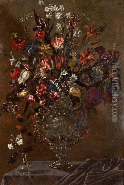 Fleurs Dans Un Vase D'argent Oil Painting - Mario Nuzzi Mario Dei Fiori