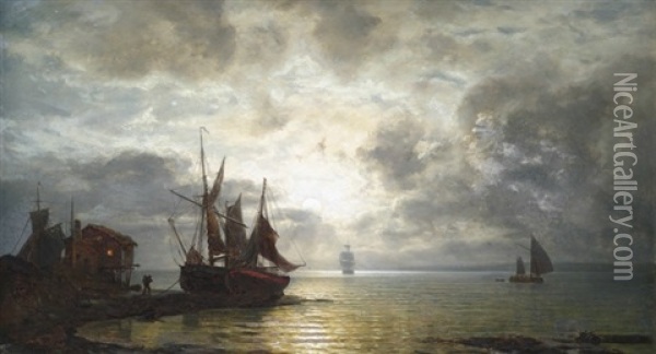 Nachtliche Meereskuste Mit Segelschiffen Bei Mondschein Oil Painting - Wilhelm Ferdinand Xylander