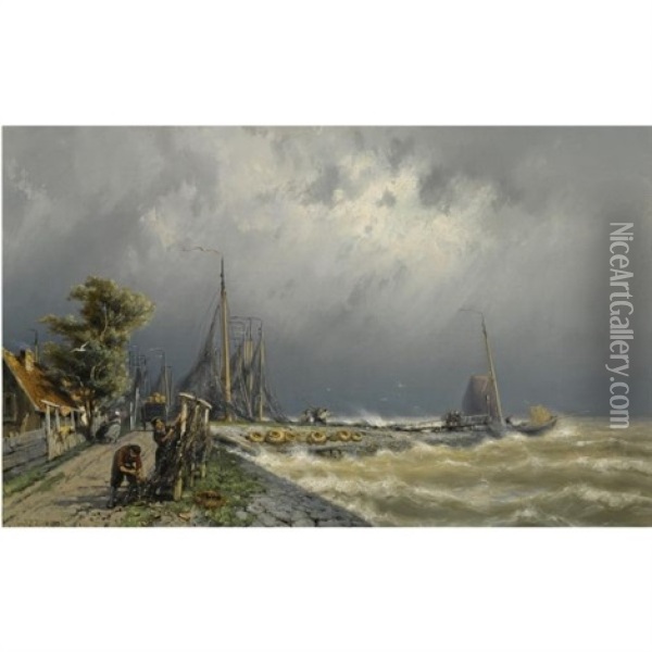 Entering Volendam Harbour Oil Painting - Johannes Hermanus Barend Koekkoek