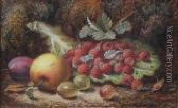 Raspberries On A Cabbage Leaf, Gooseberries, An Apple And A Plum Against A Mossy Bank Oil Painting - Oliver Clare
