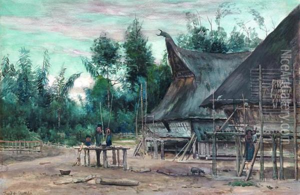 Village On Sumatra Oil Painting - Fredericus Jacobus Van Rossum Du Chattel
