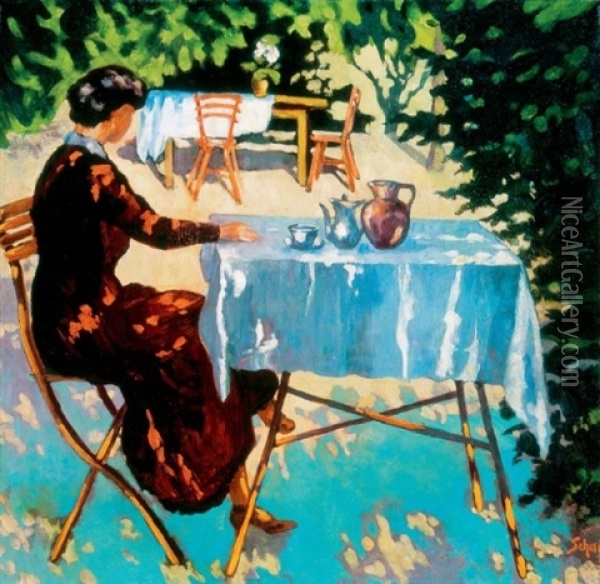 Holgy Lugasban (lady In An Arbour) Oil Painting - Janos Schadl