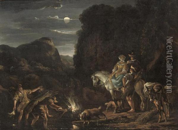 A Moonlit River Landscape With Travellers On Horseback Conversingwith Crayfishers Oil Painting - Nicolaes Berchem