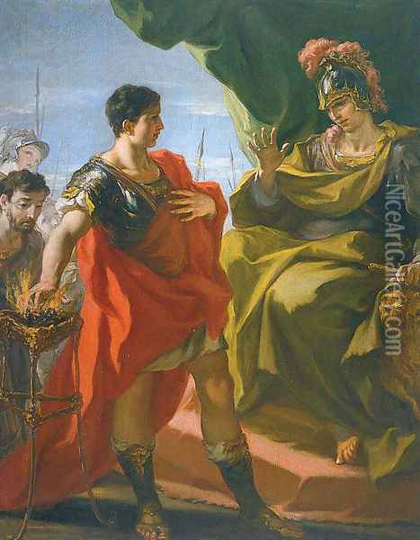 Mucius Scevola before Porsenna 1706-08 Oil Painting - Giovanni Antonio Pellegrini