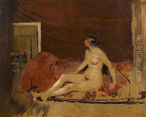 Nude On A Blanket With A Red Floral Pattern C.1888 Oil Painting - Jean-Edouard Vuillard