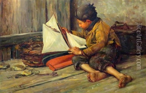 Boy With A Toy Sailboat Oil Painting - Victor Laine