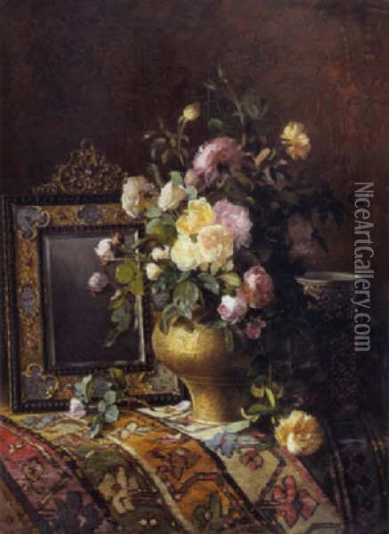 Nature Morte Au Bouquet De Roses Dans Un Vase En Cuivre Ottoman Etiznik Sur Un Tamis Oushak Oil Painting - Dominique Hubert Rozier