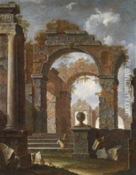 A Capriccio With Ruins, Resting Peasants, And A Monk Oil Painting - Clemente Spera