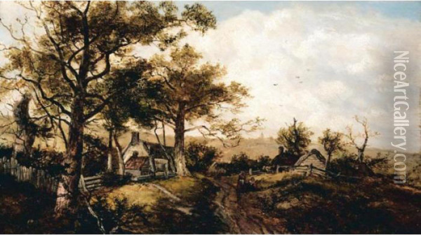 By The River; By The Cottages Oil Painting - George Turner