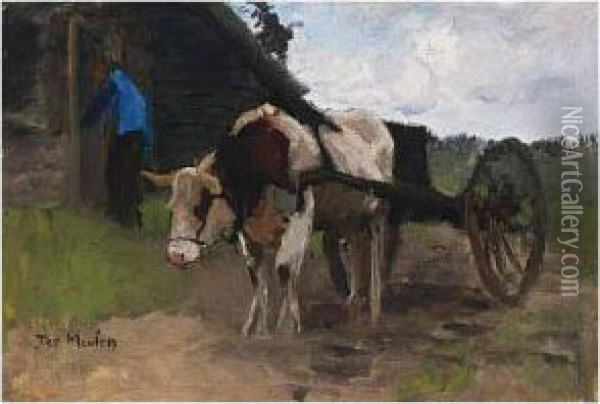 An Ox-drawn Cart With A Peasant Woman Nearby Oil Painting - Francois Pieter ter Meulen