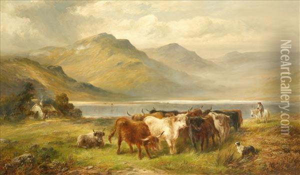 Near Loch Lomond, Asummer 
Landscape With Highland Cattle, Drover And Dog, Figures By Athatched 
Cottage Beyond Oil Painting - George Turner