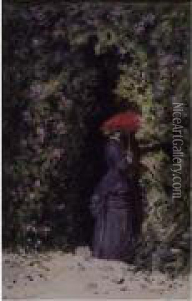 Jeune Femme A L'ombrelle Dans Un Jardin. Oil Painting - Alphonse Alexis Morlot