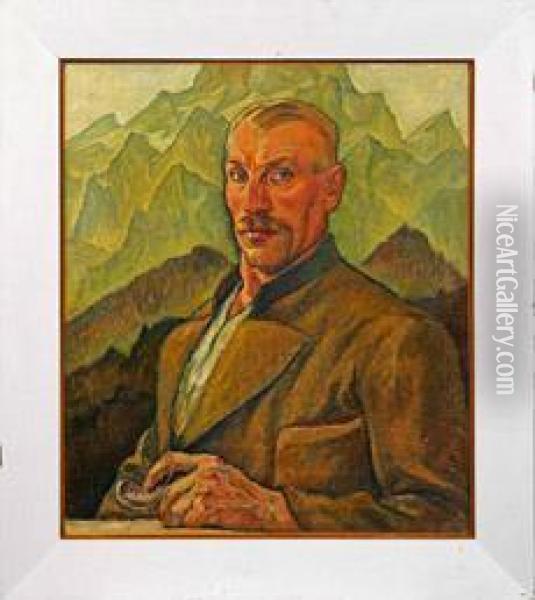 Brustportrait Einesmannes Vor Alpenkulisse Oil Painting - Fritz Erler