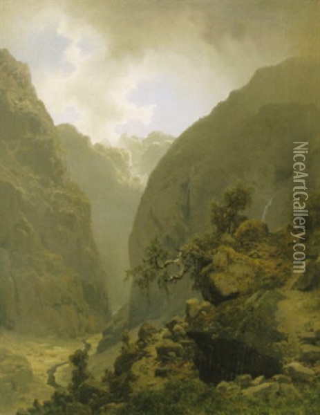 Bergslandskap Oil Painting - Hans Frederick Gude