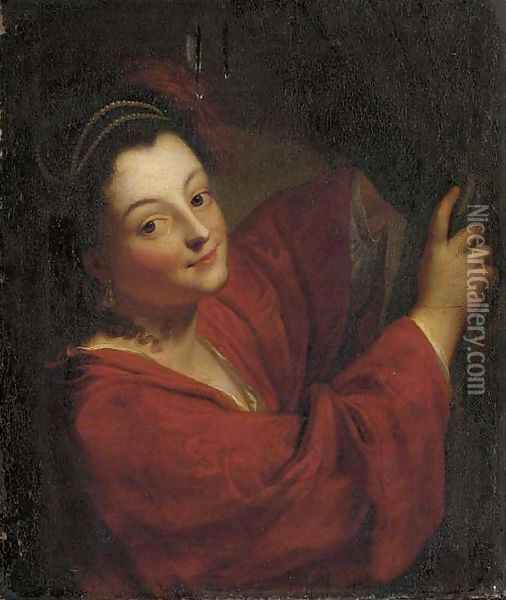 A young lady at a curtain Oil Painting - Jean-Baptiste Santerre