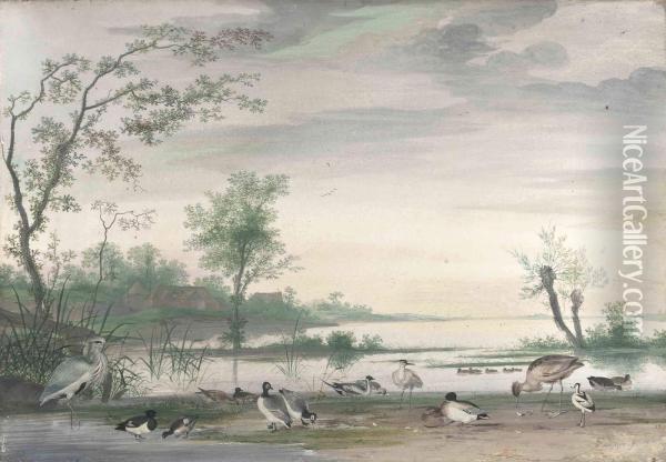 Herons, Ducks And Other Waterfowl In A River Landscape Oil Painting - Pieter the Younger Holsteyn