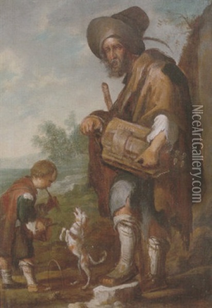 A Blind Man Playing A Hurdy-gurdy, Together With A Young Boy Playing The Drums, With A Dancing Dog Oil Painting - Domenico Feti