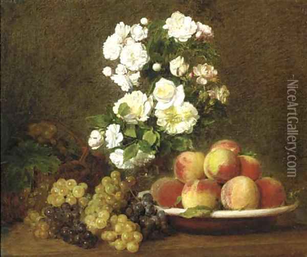 White roses in a vase with peaches and grapes on a table Oil Painting - Victoria Dubourg Fantin-Latour