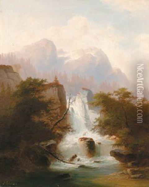 Hochgebirgslandschaft Mit Einem Wasserfall Oil Painting - J. Gartner
