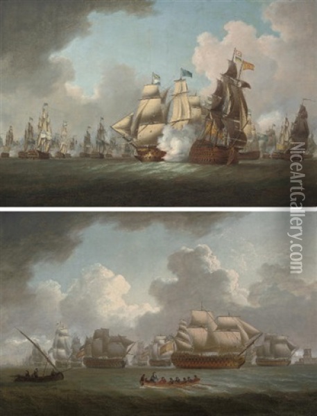 H.m.s. "victory" Engaging The Spanish Flagship At The Battle Of Cape St. Vincent (+ The Spanish Prizes Entering The Tagus After The Battle; Pair) Oil Painting - William Anderson