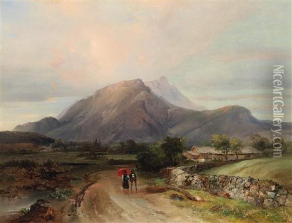 Mountain Landscape With Walkers Oil Painting - Anton Hansch