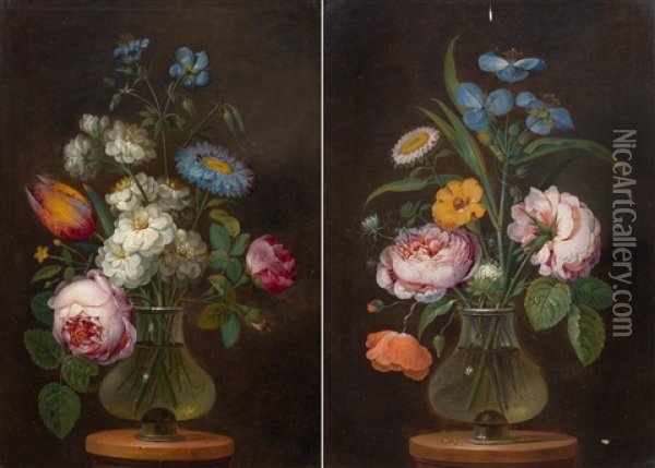 Pair Of Works: Flower Bouquets On A Stone Plinth Oil Painting - Johann Nepomuk Mayrhofer