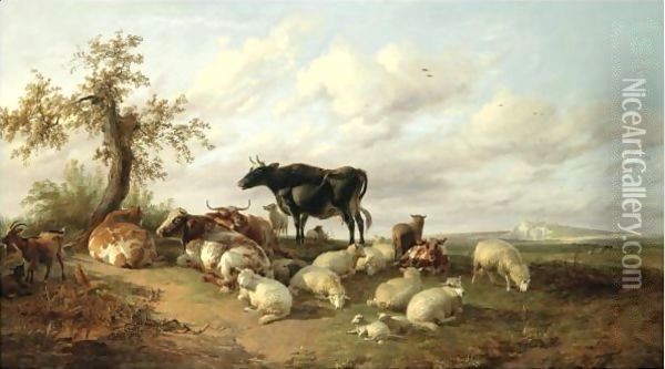 Cattle, Sheep And Goats In A Canterbury Meadow Oil Painting - Thomas Sidney Cooper